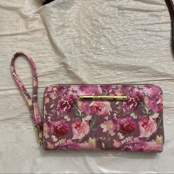 Betsey Johnson pink floral rises flowers wristlet clutch wallet
